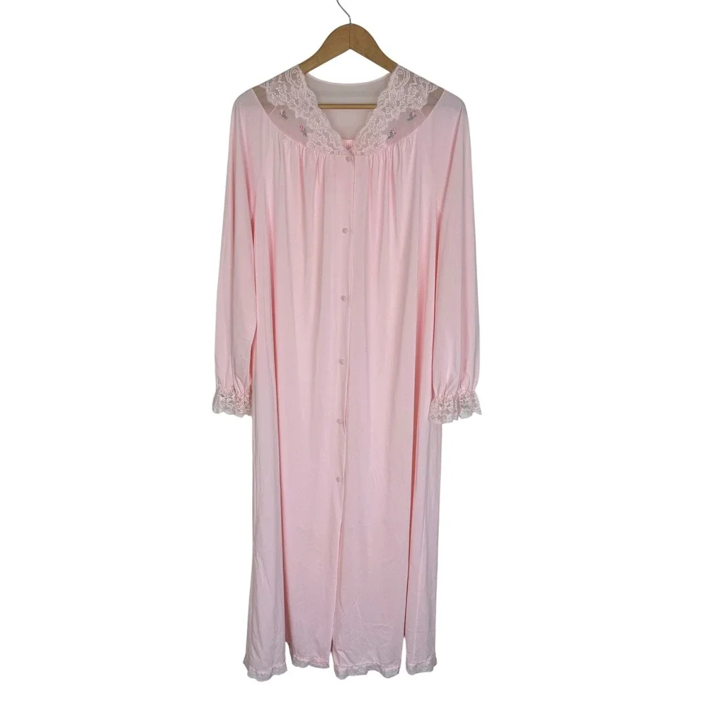 Shadowline‎ Vintage Pink Lace Embroidered Button Front Peignoir Robe Large USA